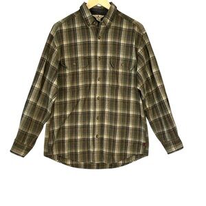 Woolrich Shirt Mens Medium Green olive Flannel Wool Plaid Pockets Button